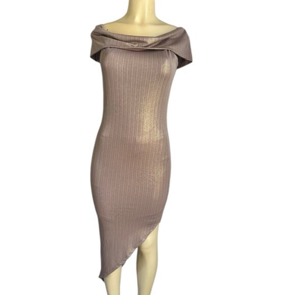 Fashion Nova Off-Shoulder Asymmetrical Midi Dress Taupe  Bodycon Metallic Maxi - Picture 1 of 6